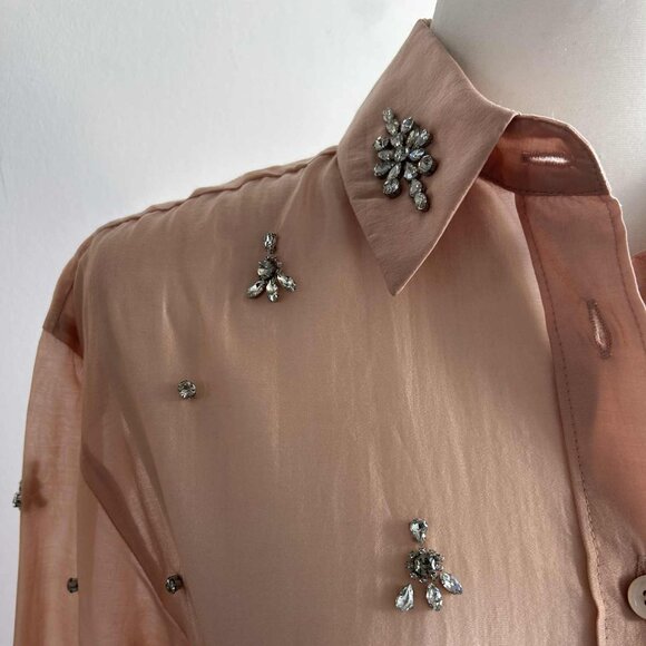 Zara Blush Pink Lyocell Semi-Sheer Crystal-Embellished Button Blouse – US XS - Picture 10 of 12
